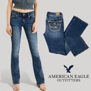 AEO AMERICAN EAGLE Stretch Kick Boot Denim Jeans Dark Wash Pocket Belt Loop Sz 4